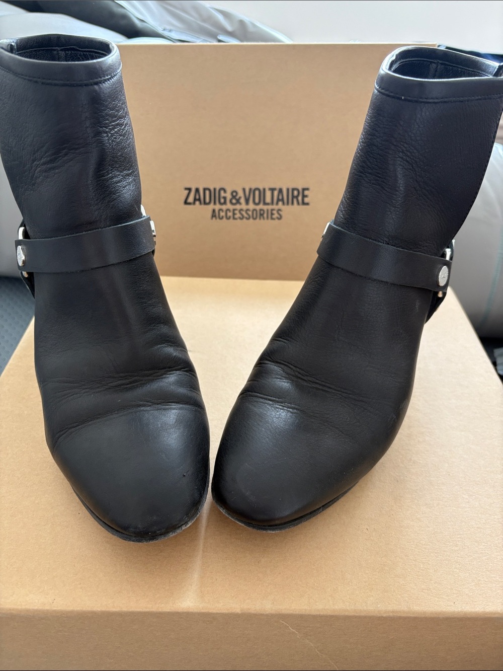 Zadig & Voltaire Black Leather Mid-Calf Booties with Strap Detail